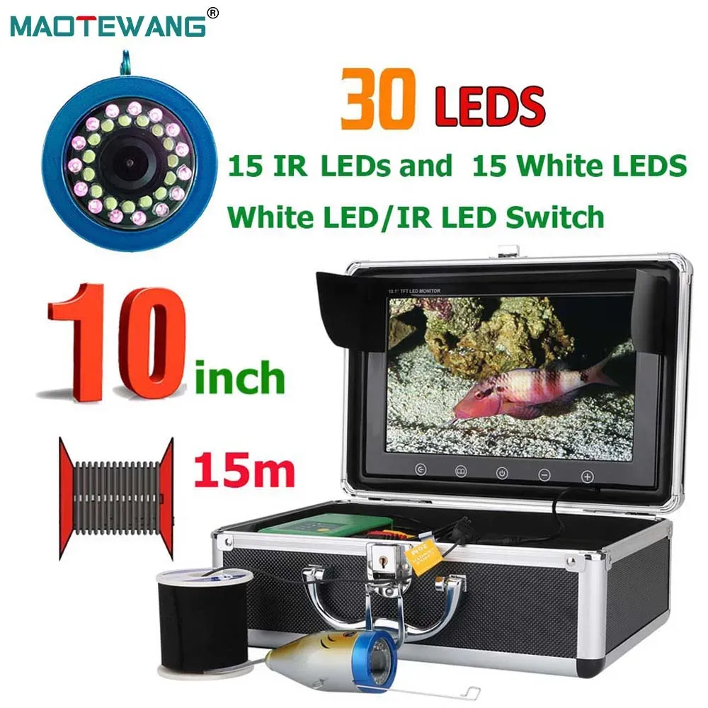 Finders 10 inch 15/30/50 m 1000tvl Fishfinder Onderwatervissen Camera 15 stks Witte Leds + 15 stks Infraroodlamp voor Ijs/zee/riviervissen
