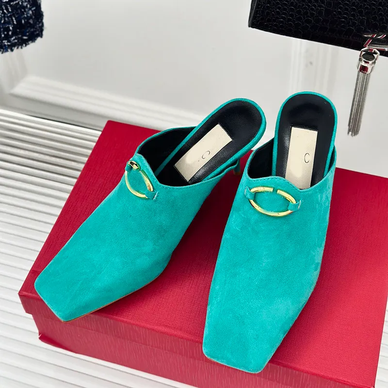 Designer -Halbschuhe 7,5 cm High Heel Women Square Toes Luxus Cowide Sheepell Slide Socialite Schuhe