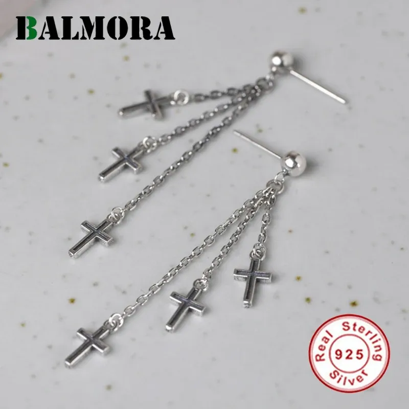 Stud Balmora 100% Sier Long Tassel Cross Cross For Women Girl Tassel Design Ear Punk Vintage Ear Jewel Biżuter