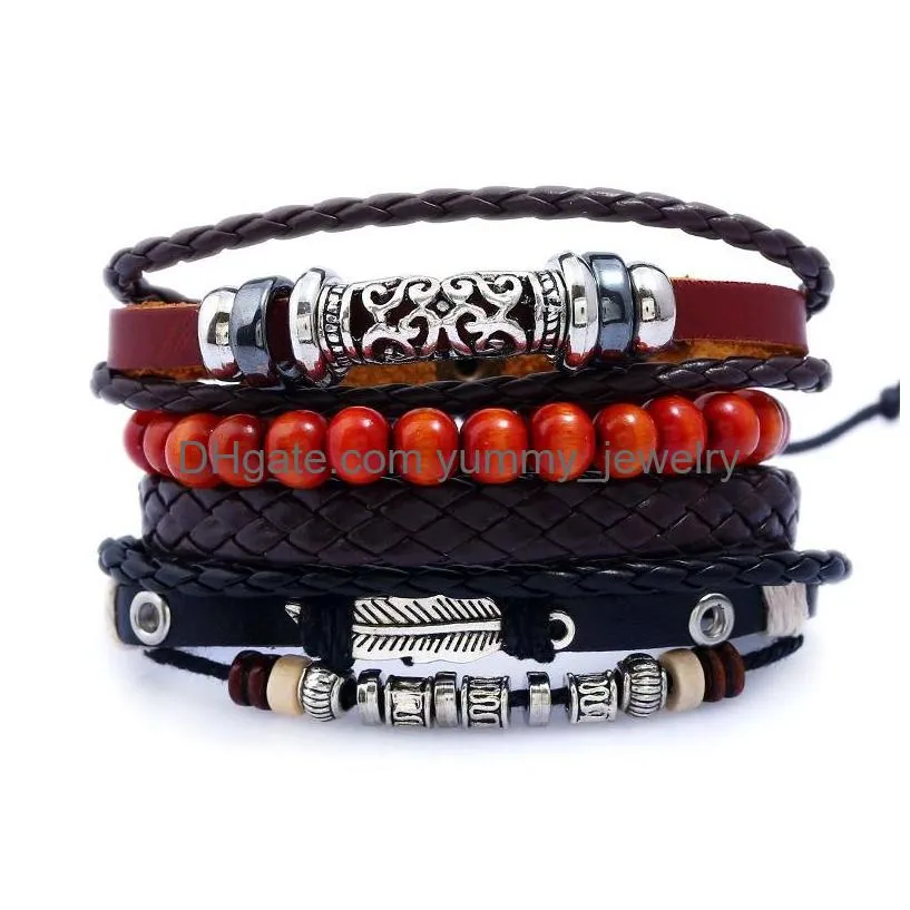 Bracelets de charme Vintage Punk Bracelets Mode Alliage Véritable Bracelets En Cuir Hommes Feuille Perles Brins Pour Bijoux Mtilayer Tressé Wrap Dhr6O