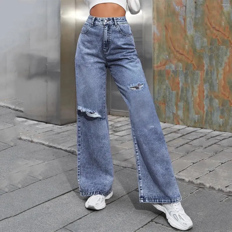 Jeans femininos cintura alta barril para mulheres perna larga rasgado calças jeans cortadas baggy namorado com bolsos casuais