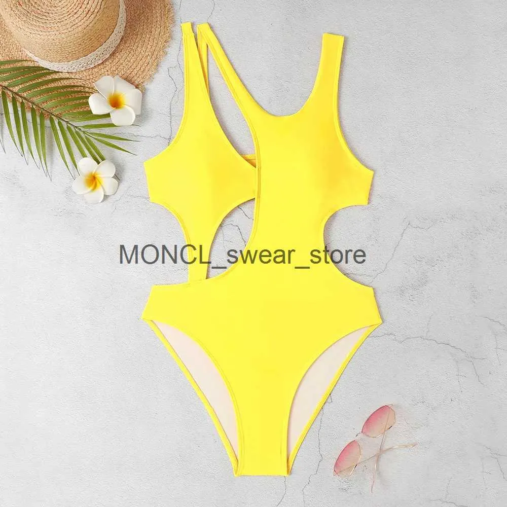 Damskie stroje kąpielowe Nowy seksowne solidne żółte jednoczęściowe strój kąpielowy Kobiety puste push robak Monokini Beach bez pleców kostium kąpielowy SLIMH24222