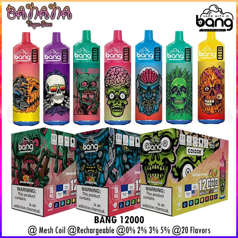 Bang 12000 puflar Tek kullanımlık vape şarj edilebilir örgü bobin vaper 20ml önceden doldurulmuş pod arabaları Bangvapes puf 12k e sigara 0% 2% 3% 5% 20 renk