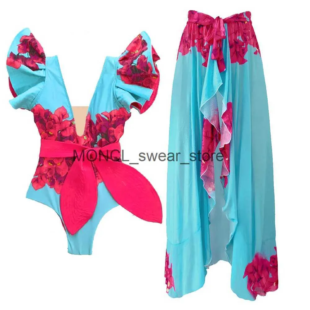 Damenbadebekleidung Sexy einteiliger Badeanzug 2024 Rüschen Frauen Blumendruck Badeanzug Beachwear V-Ausschnitt Monokini SwimH24222