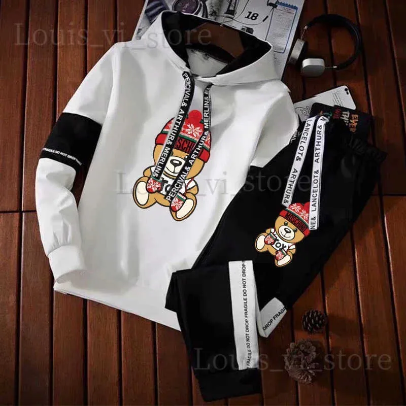 Hoodies voor dames sweatshirts Mens kerstbeer afdrukken Casual Winter Fashion Hooded Sportswear hoodie+zweetbroek 2 -delige straatkleding joggingpak T240222