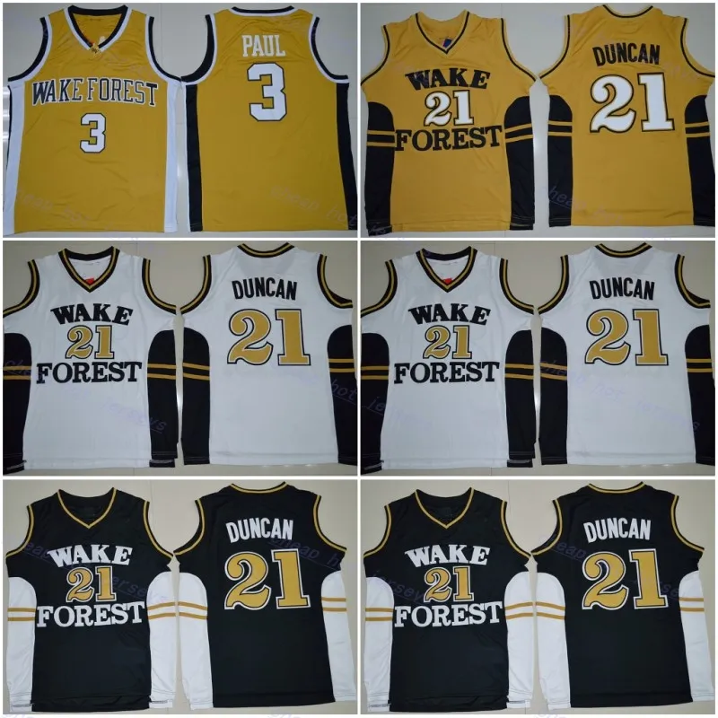 خمر NCAA Tim Duncan #21 Wake Forest Demon Deacons College Basketball Jerseys Black White Cris Paul #3 Gold Titched Dorts Jersey S-XXL