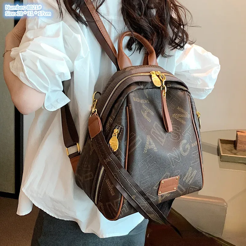 wholesale ladies shoulder bag 2 colors simple thick printed casual backpack college wind wear-resistant leather handbag double zipper bag fashion backpacks 8021