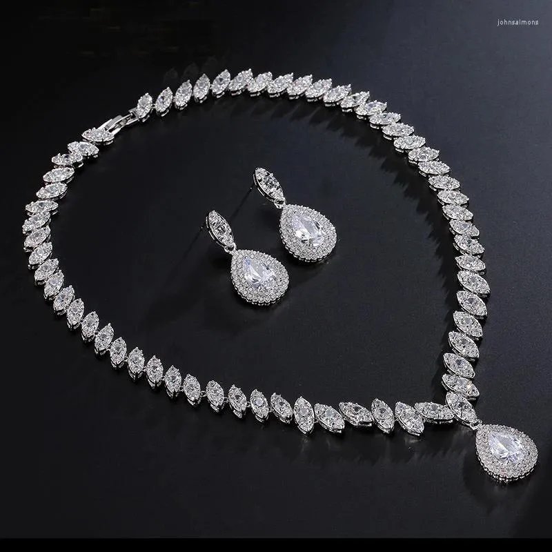 Necklace Earrings Set Clear Cubic Zircon Wedding Water Drop Bridal Promotion Nickel Free Factory Price