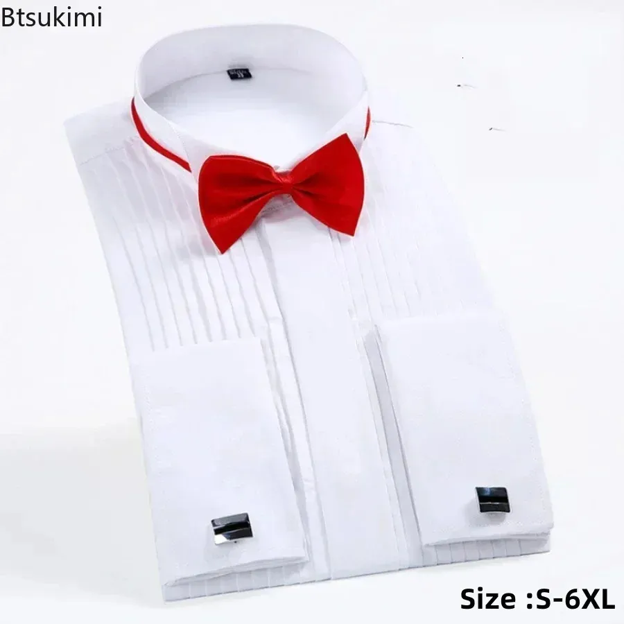 Mens Wedding Party Club Dress Shirts with Bowtie Slim Fit Solid Wing Tip Collar Tuxedo Shirt Long Sleeve Male Tops 240219