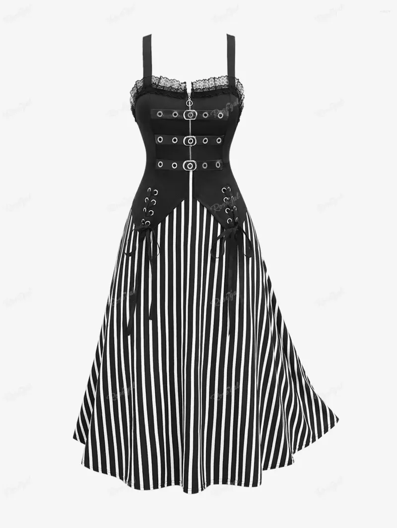 Casual Kleider ROSEGAL In Gothic Spitze Trim Reißverschluss Schnalle Schnürung Gestreiften Patchwork Kleid Frauen Sommer Ärmelloses Schwarz Midi Vestido