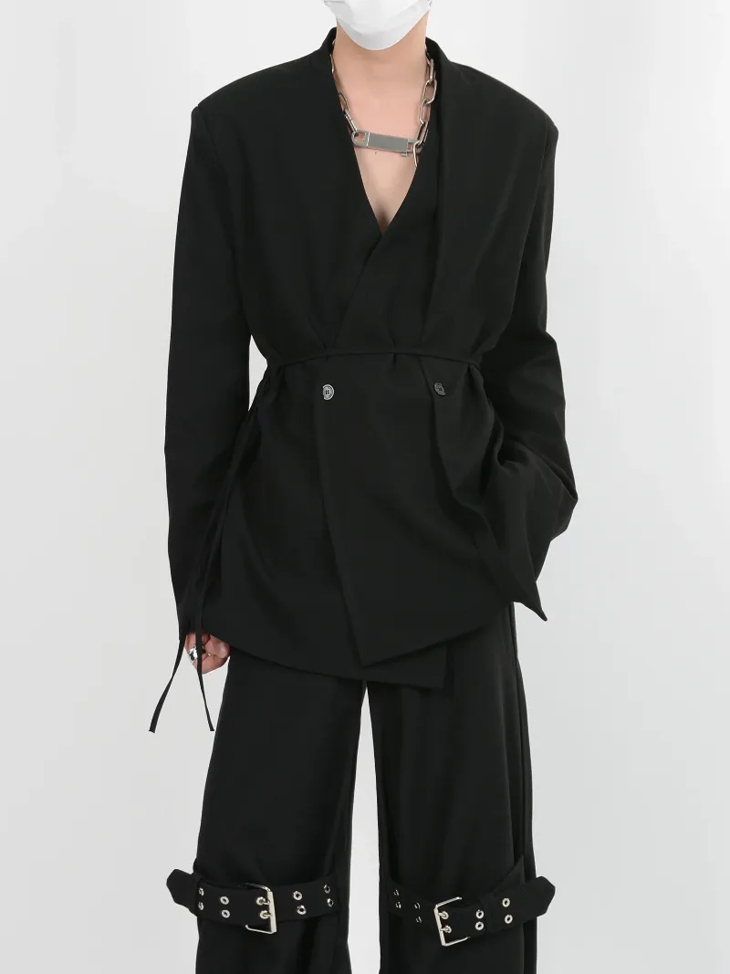 Мужские куртки Темная одежда в авангардном стиле, деконструированный костюм с подплечниками, куртка с длинными рукавами на шнуровке