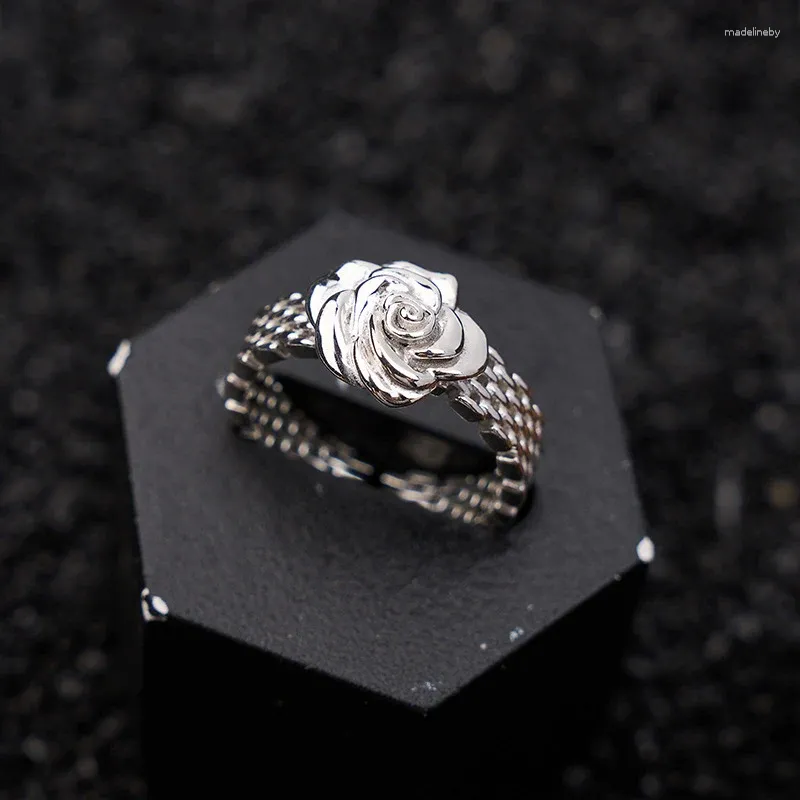 Bagues de cluster Couleur Argent Rose Fleur Géométrique Pour Femmes Filles Tendance Vintage Doux Élégant Anniversaire Bijoux Cadeau En Gros