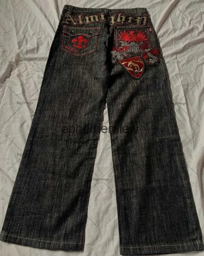 Men's Jeans y2k Pants American High Street patchwork monogram embroidered jeans Mens Goth Harajuku fashion wide-leg jeansH24222
