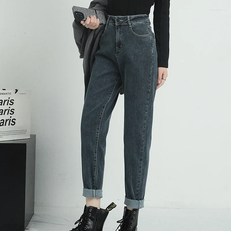 Jeans de mujer Harlan Denim para mujer Talle alto Ajuste regular Apariencia Elástico 9 puntos Pantalones de papá de cuerpo entero Sueltos Moda versátil