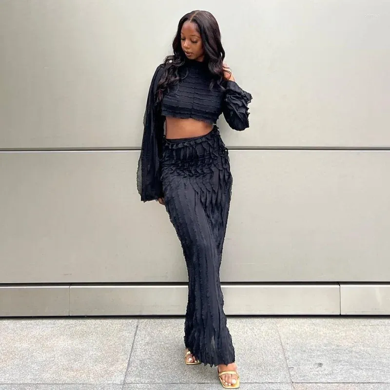 Skirts Two Piece Set Women Sexy Ruched Black Long Sleeve Backless Lace-Up Crop Tops And Maxi Skirt Matching Casual Streetwear