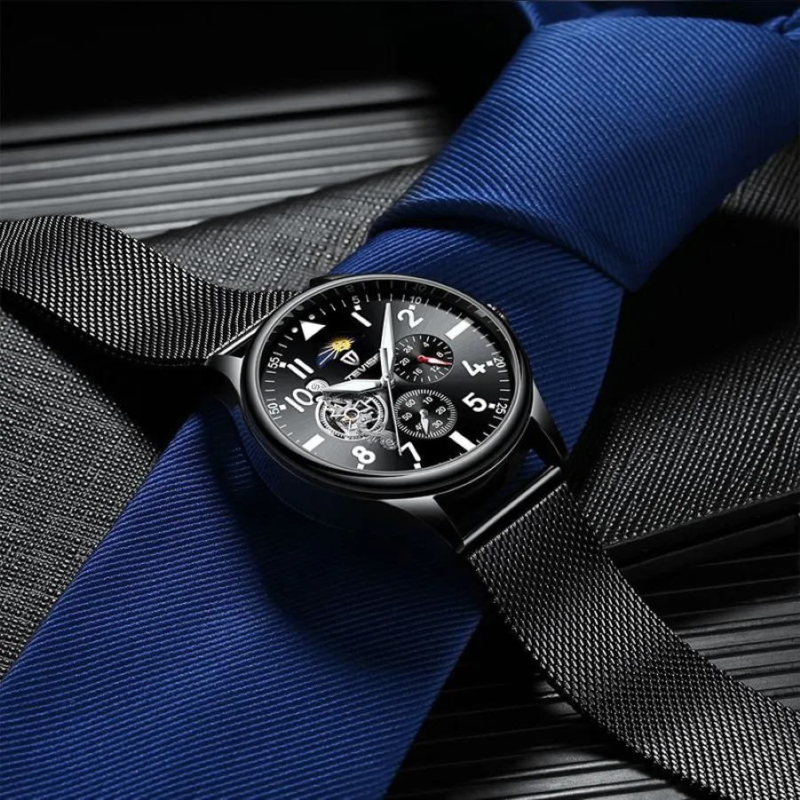 TEVISE – montre mécanique automatique pour hommes, entièrement en acier noir, Tourbillon, phase de lune, chronographe, horloge 258W, 2021