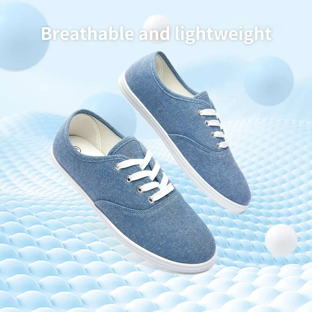 Women s Canvas Tennis Shoes Lace Up Comfortable Flat Sneakers Lightweight Breathable Fabric Walking Shoes