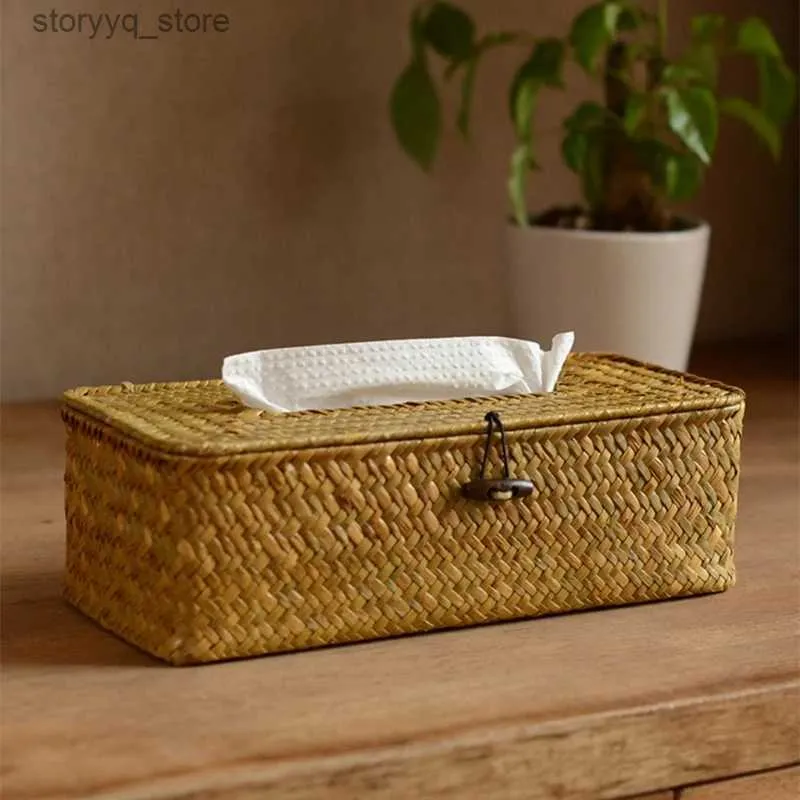 Tissue Boxes Napkins Rattan Tissue Box Cover Rectangular Napkin Case Woven Napkin Paper Container Home Car Napkins Holder Ofiice Home Organizer Q240222