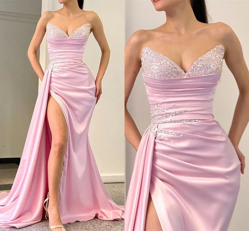 Elegant Pink Split Evening Dresses Sweetheart Mermaid Sparkle Sequins Appliques Satin Long Prom Dress Pleats Women Formal Occasion Vestidos