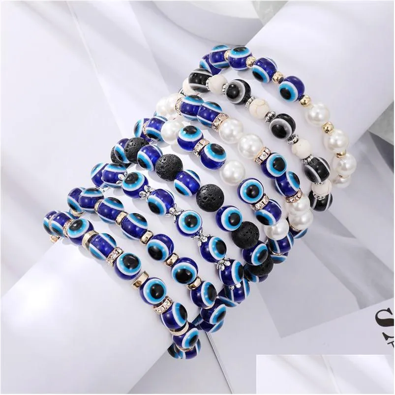 Beaded Turkish Lucky Evil Eye Bracelets Strands Bangle Imitation Pearls Blue Eyes Beaded Charm Bracelet For Women Men Couple Fashion Dhhp8