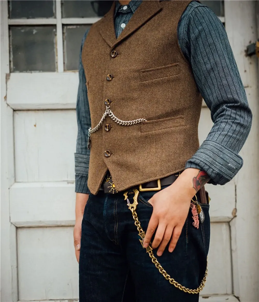 Abiti da uomo slim fit gilet a spina di pesce in tweed con risvolto in lana casual da sposo