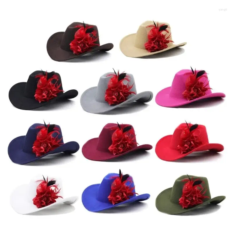 Basker kvinnor cowboy hatt västra cowgirl hattar fedora fest prop blommor fjädrar