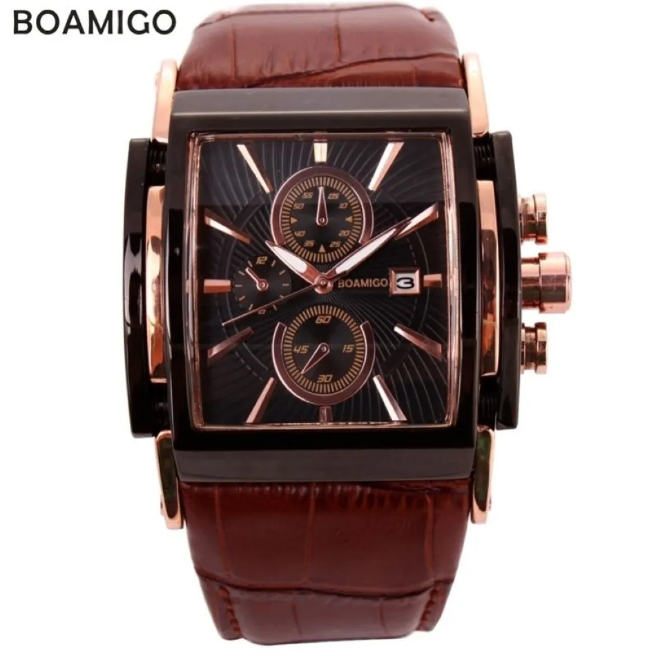 BOAMIGO hommes montres à quartz grand cadran mode montres de sport décontractées or rose sous cadrans horloge en cuir marron montres hommes 210192c