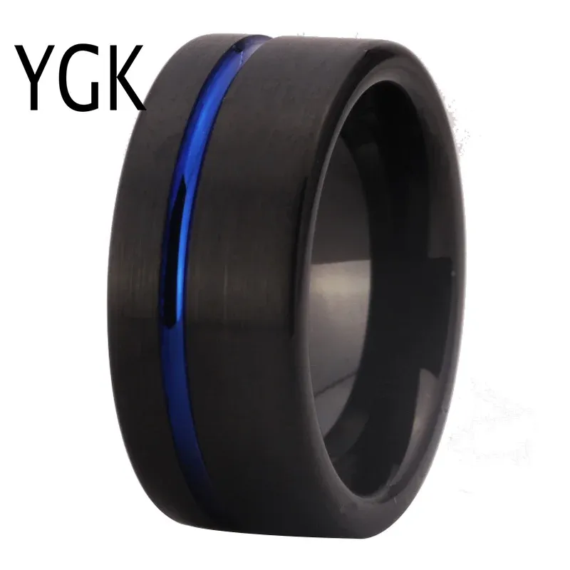 Bandas nova chegada anéis clássicos moda anel de casamento de tungstênio para mulheres masculino preto chapeamento com azul sulcado anel de noivado festa