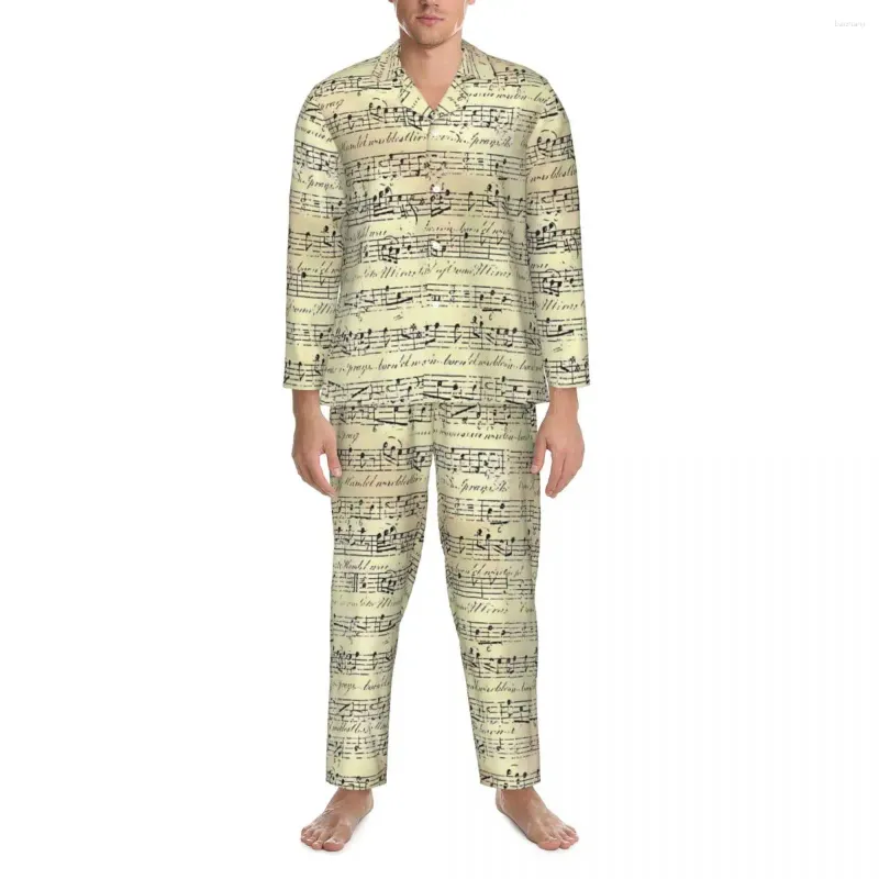 Ropa de dormir para hombre, pijamas para hombre, conjunto de pijama de 2 piezas con estampado de notas musicales Vintage para habitación, traje para casa suave de gran tamaño