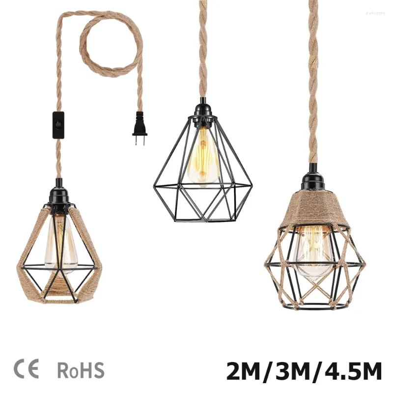 Pendant Lamps 2M 3M 4.5M Power Cord Light Twisted Hemp Rope Cable Cages E26 E27 Lamp Holder EU Plug With Switch Edison Bulb Socket