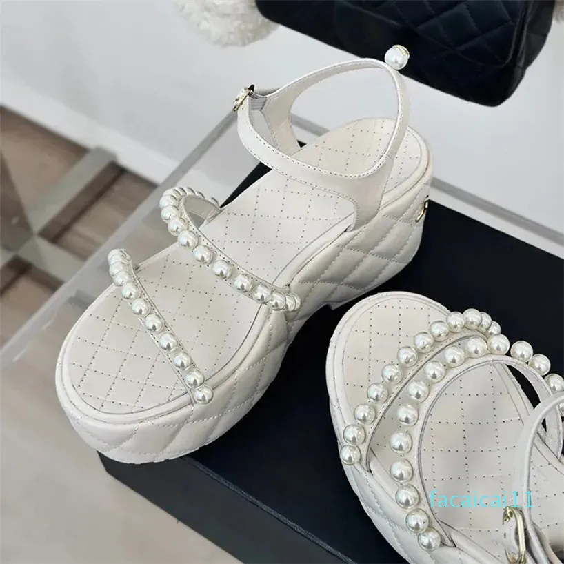 Perle décorer compensées chaussures à talons hauts femmes Sandales boucle sangle hauteur augmenter Sandales femmes pompes