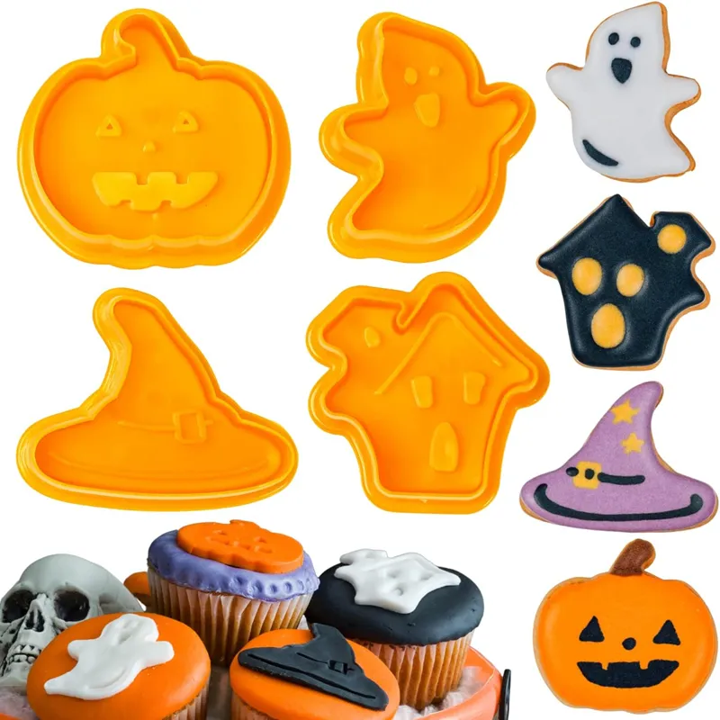 4st Set Halloween Biscuit Mold Pumpkin Ghost Theme Plastic Cookie Cutter Plunger Fondant Chocolate Mold Cake Decorating Tools YFA1924