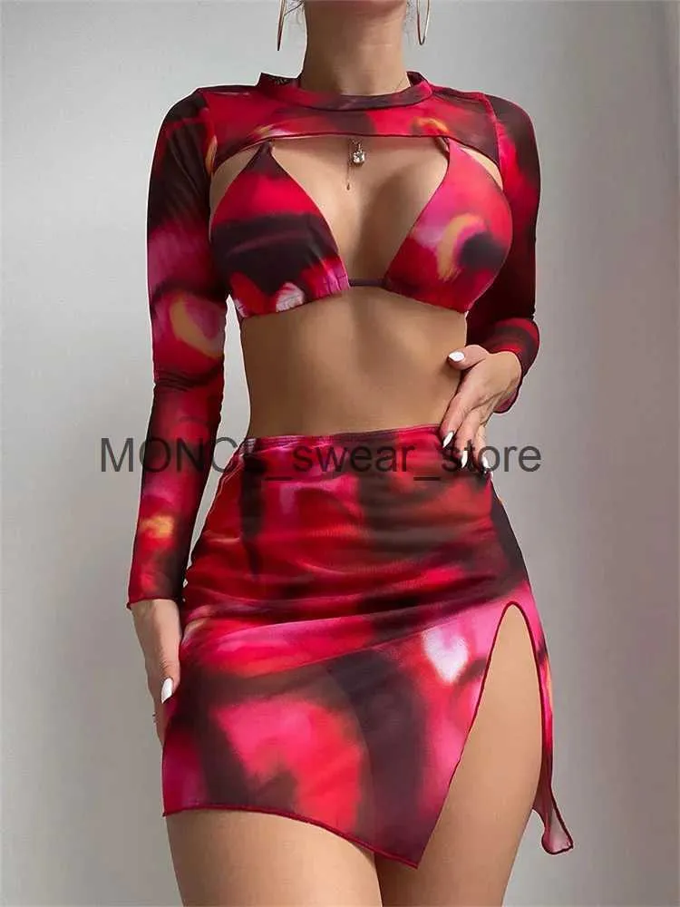 Maillots de bain pour femmes Sexy Red Tie Dye Bikinis Ensembles Femmes Manches longues Cover Up Séparé avec jupe 4 pièces Maillot de bain Maillot de bain Taille haute H24222