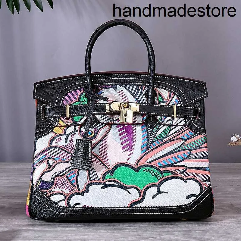 Women's Designer Bag Genuine Leather Colored Graffiti Lace Women's Handbag