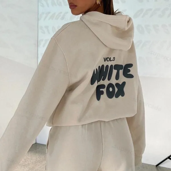 Sweatshirts WF-Women Women's Hoodies Letter Print Outfits Fox Cowl Neck Long Black White Sheeve Sweatshirt and Pants Set Tracksuit Pullover Hooded Sports Suit