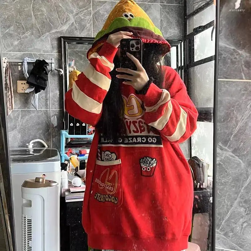 Felpe con cappuccio da donna Ricamo di cartoni animati Abiti Kawaii Felpa carina Harajuku sciolto Abbigliamento da donna in puro cotone Hamburger tridimensionale