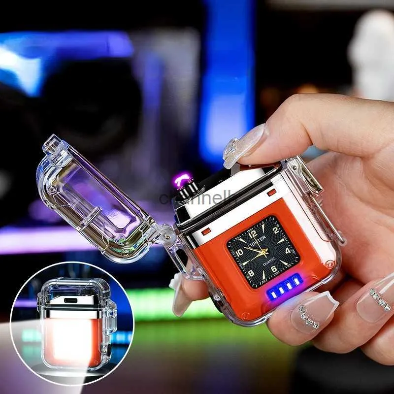 ライターの新しい防水性ダブルアーク懐中電灯屋外ライター透明な時計USB充電可能な燃えるような風のない風の軽いYQ240222