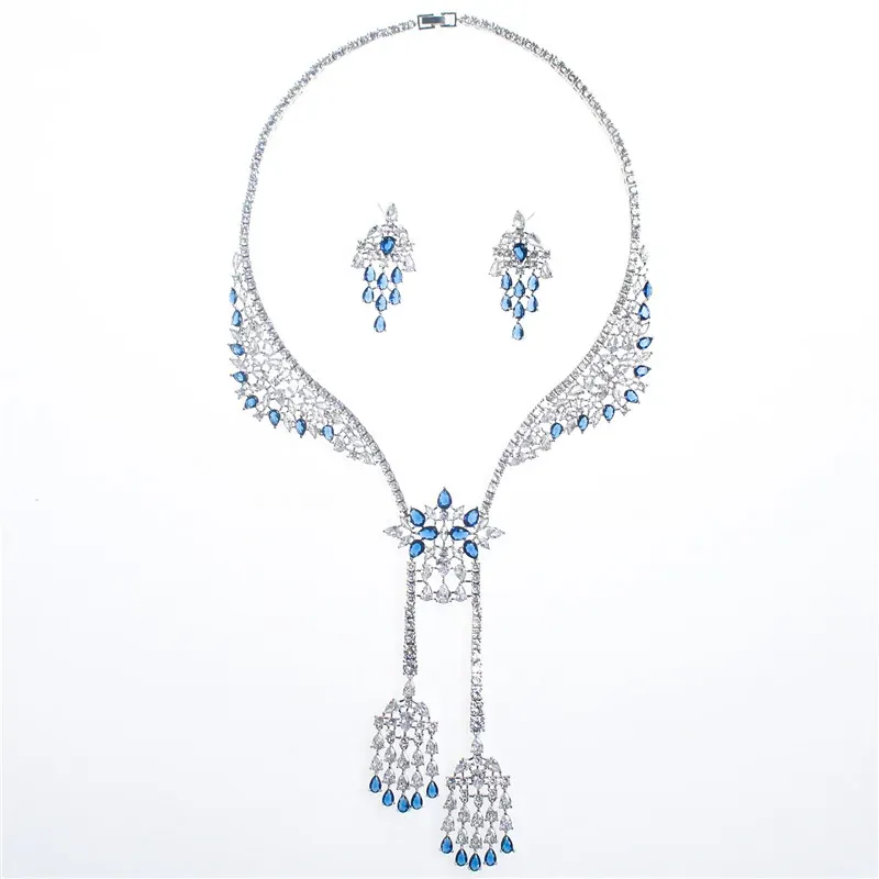 Tillbaka 2020 New Fashion Blue Red Cz Zircon Necklace Earring Set, Wedding Bridel Dinner Banket Dress Smycken