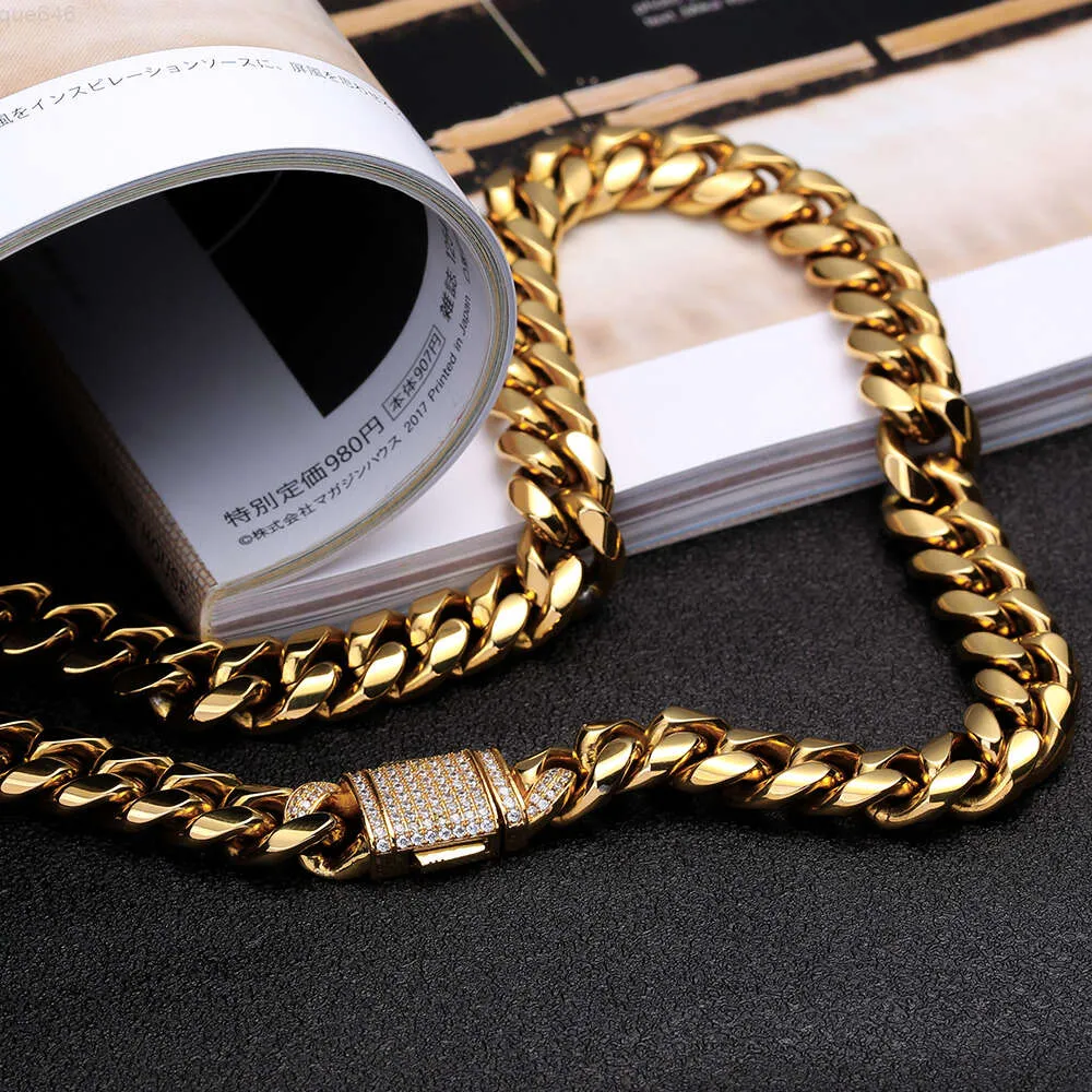 Krkc Co Cz Stein Zirkon Schnalle 24 Zoll 12 mm 18 Karat vergoldeter Edelstahl Miami Cuban Link Chain