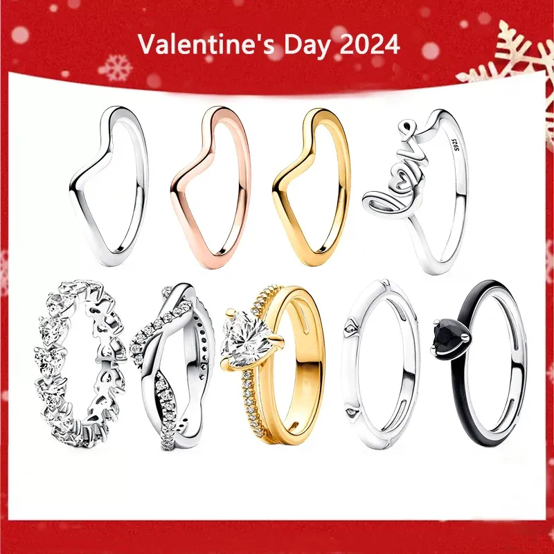 2024 nuevo 100% plata 925 logotipo Original de alta calidad fila de corazones anillo de onda de eternidad regalo de joyería del Día de San Valentín para mujer