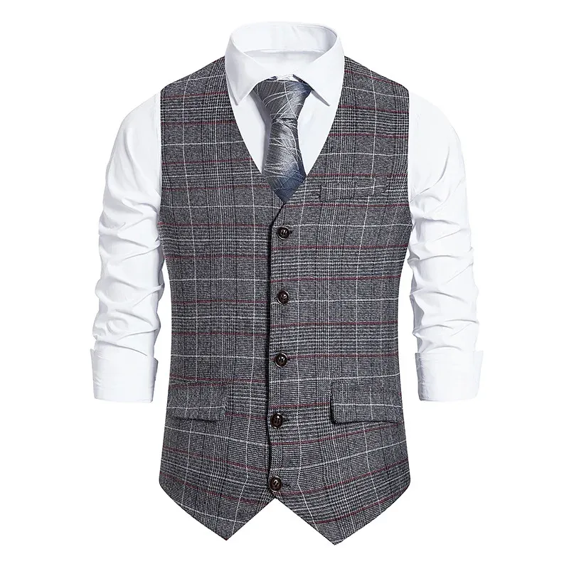 New Plaid Suit Vest For Men Wool Tweed Casual Slim Fit Waistcoat Formal Business Vest For Groomsmen For WeddingGrey