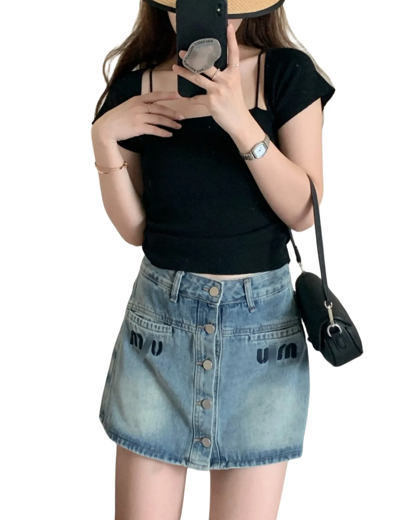 Women's summer high waist denim jeans a-line logo letter embroidery skirt culottes SMLXL