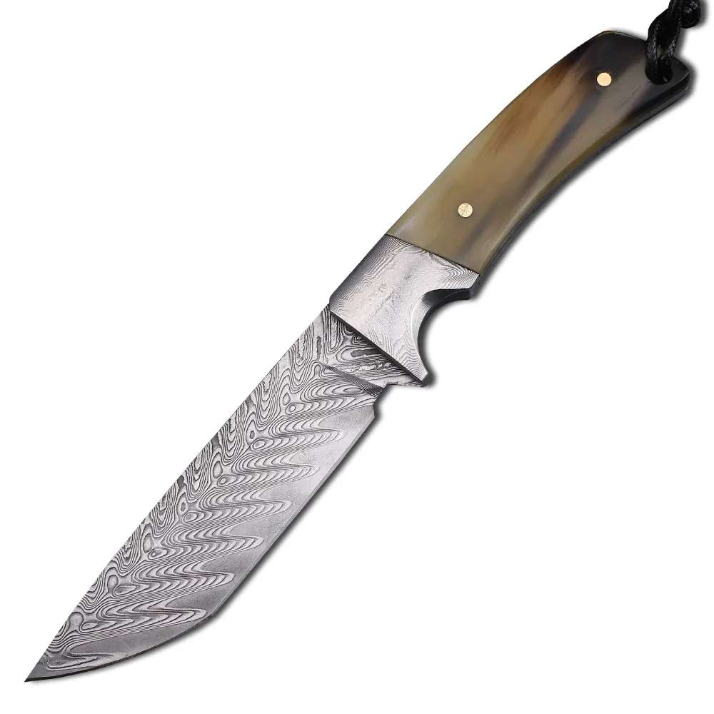 A2273 Survival Hunting Knife Damascus Steel Straight Point Blade Cow Horn with Steel Head Handle Outdoor Camping Fishing Survival Knives with Leather Sheath