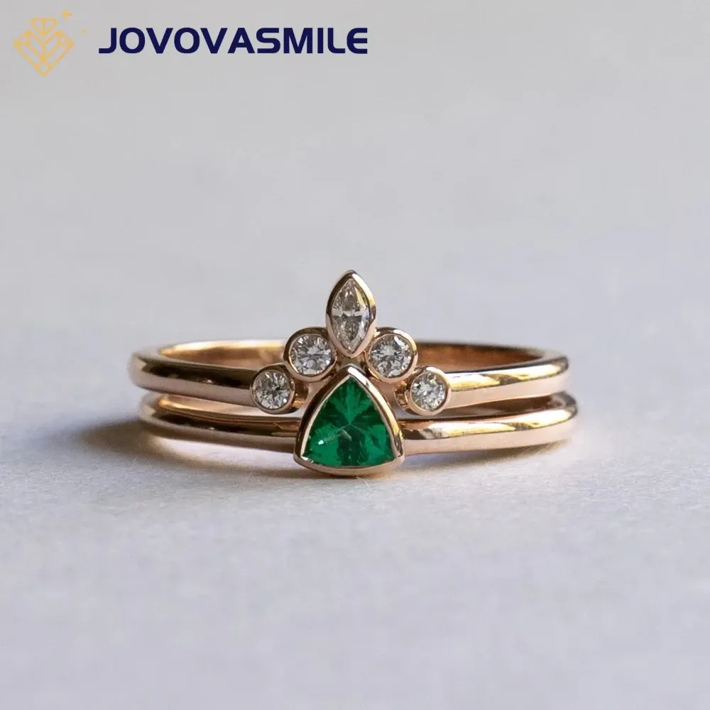 JOVOVASMILE 4*4mm Biljoen Geslepen Lab Grown Emerald Ring Sets 2 Ringen Met Moissanite Ring Band 14K geel Goud Voor Vrouw