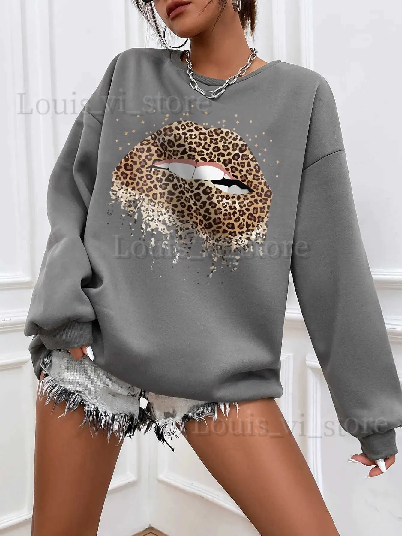 Damen Hoodies Sweatshirts Mode Herbst Frau Sweatshirt Persönlichkeit Leoparden Lippen Drucken Pullover Langarme O-Neck Hoodie Trend Tops Weibliche Kleidung T240222