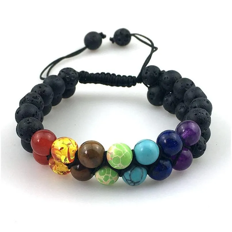 Beaded 8Mm brins de perles 7 Chakra Bracelet perles de lave volcanique noire Reiki guérison Nce Double couche rangée pierre naturelle Yoga Bracelets Dhoia