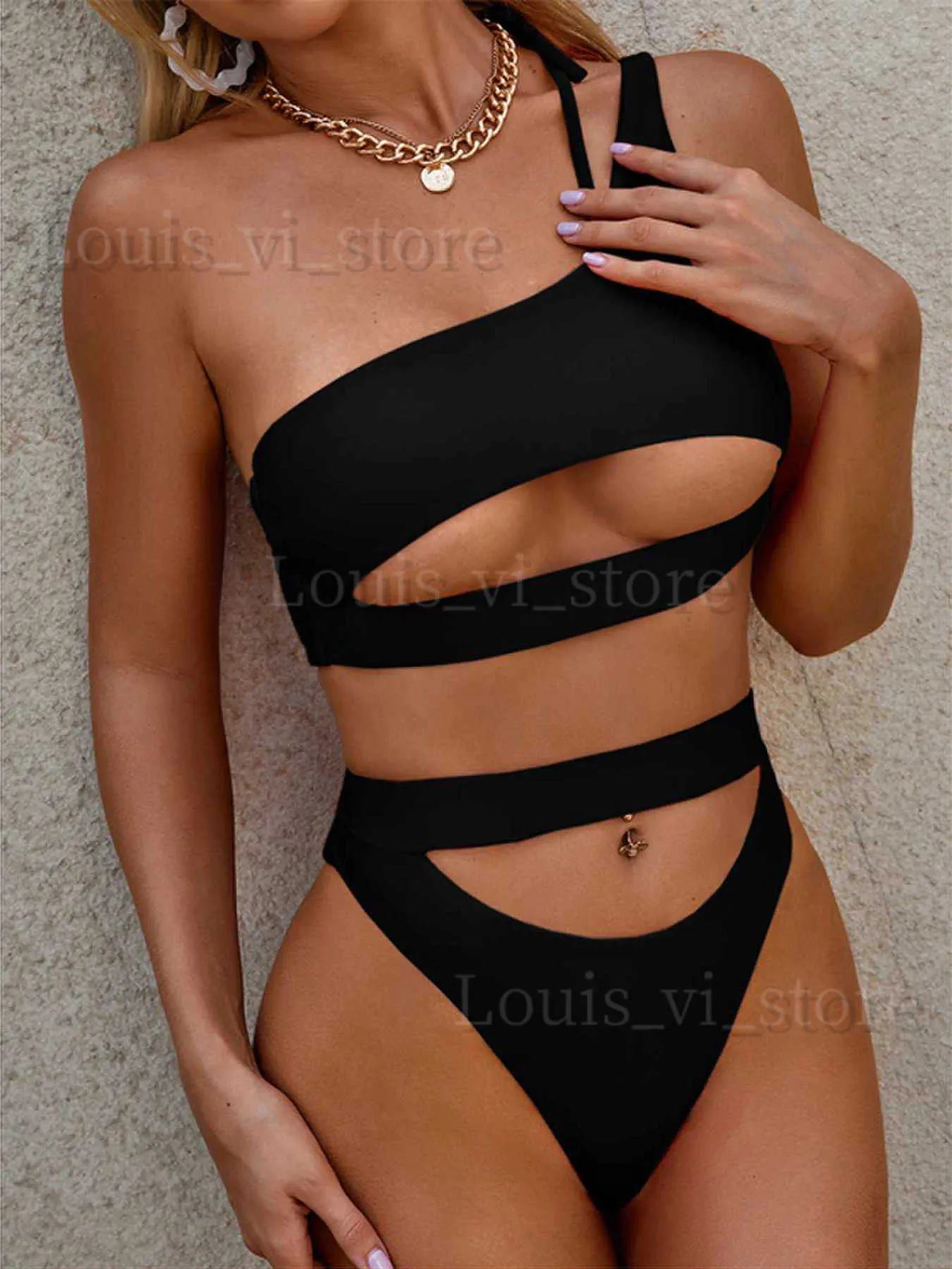 Kvinnors badkläder 2024 NYA SOLID Cut Out Two Pieces Badkläder Beachwear Monokini One Shoulder Bathing Suit Women Summer Swimsuit Brazilian Thong T240222