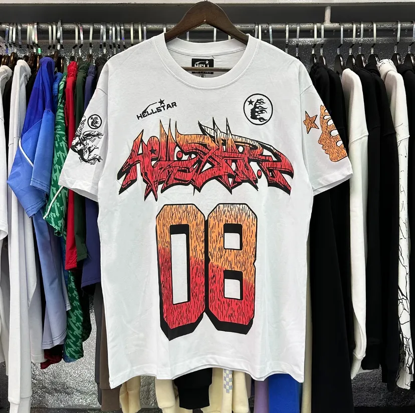 HellStar T Shirt Designer Mens T Shirts Graphic Tee Hipster Umyj materiał uliczny Graffiti Filt Foil Druku