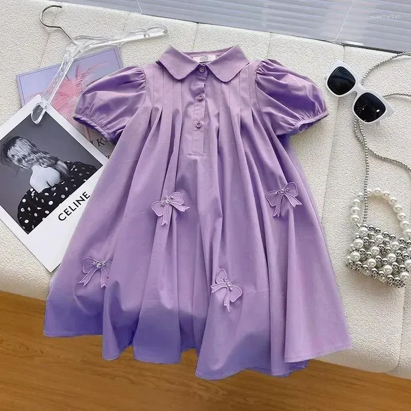 Mädchenkleider Mädchen Sommer Bubble Ärmel mittelgroße und große Kinder -Aufkleber Polo Hals Casual Kleid