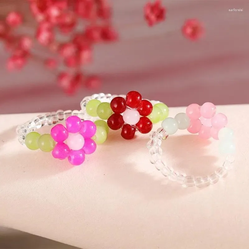Klusterringar koreansk godisfärg akrylblomma pärlor boheme handgjorda harts pärlor ring för kvinnor flickor fest smycken gåva